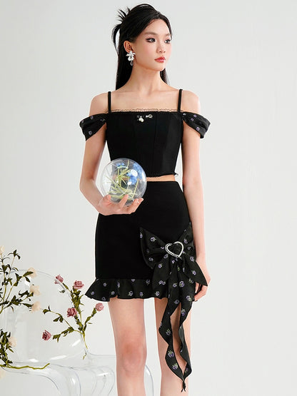 CHECOCRE Chic suspenders slim knitted jacquard top bow skirt - POSTED