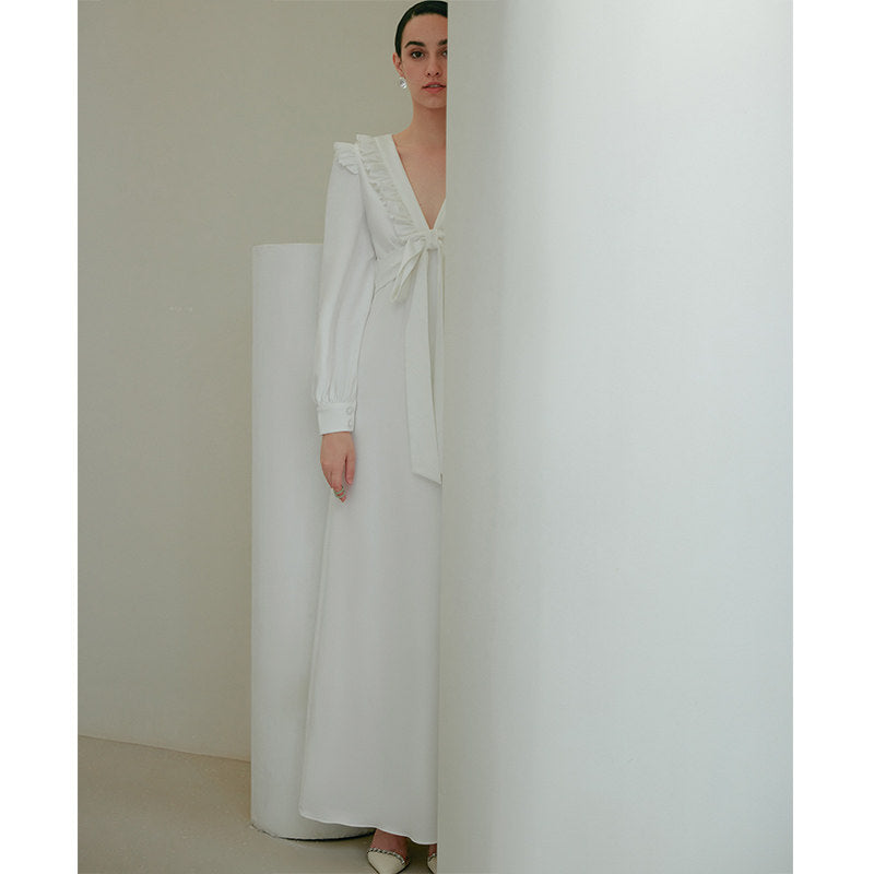 GOUDIN Small white long sleeves party evening dresses-MIA.