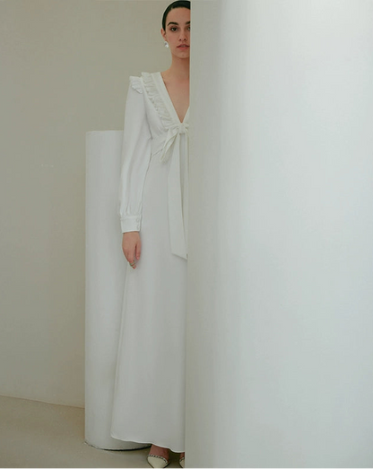 GOUDIN Small white long sleeves party evening dresses-MIA.