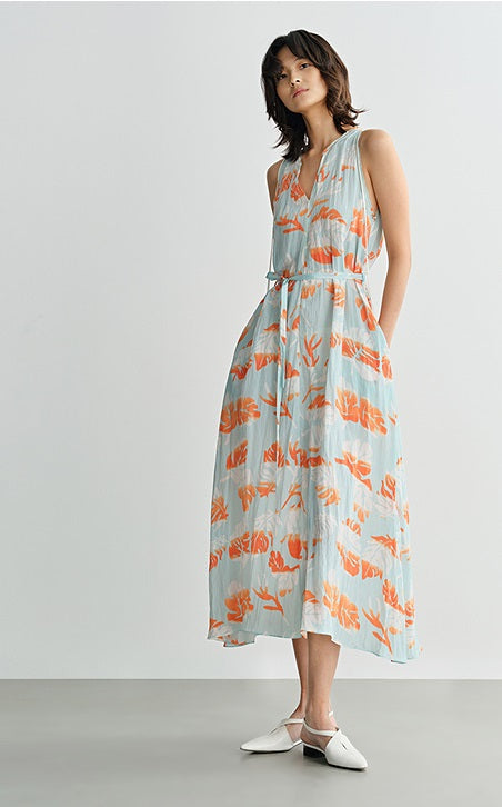 COMME MOI Lv Yan Designer Summer Women's V-Neck Sleeveless Resort Print Dress - OLIVIA.