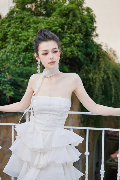 DOLLY Elegant Cream Colored Tube Top Fluffy Ruffle Birthday Dress-ANDORA (V)