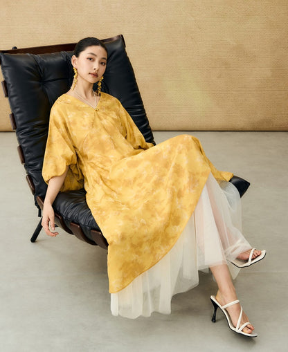 HECO Chinese V-Neck Waist Summer Elegant Floral Stitched Mesh dress - TULIP .