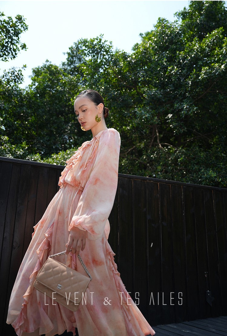 LE VENT& TES AILES Spring summer elegant multicolor silk smudged floral shirt skirt-ENE