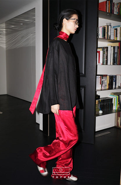 TUYUE black linen texture long-sleeved shirt- JESSICA.