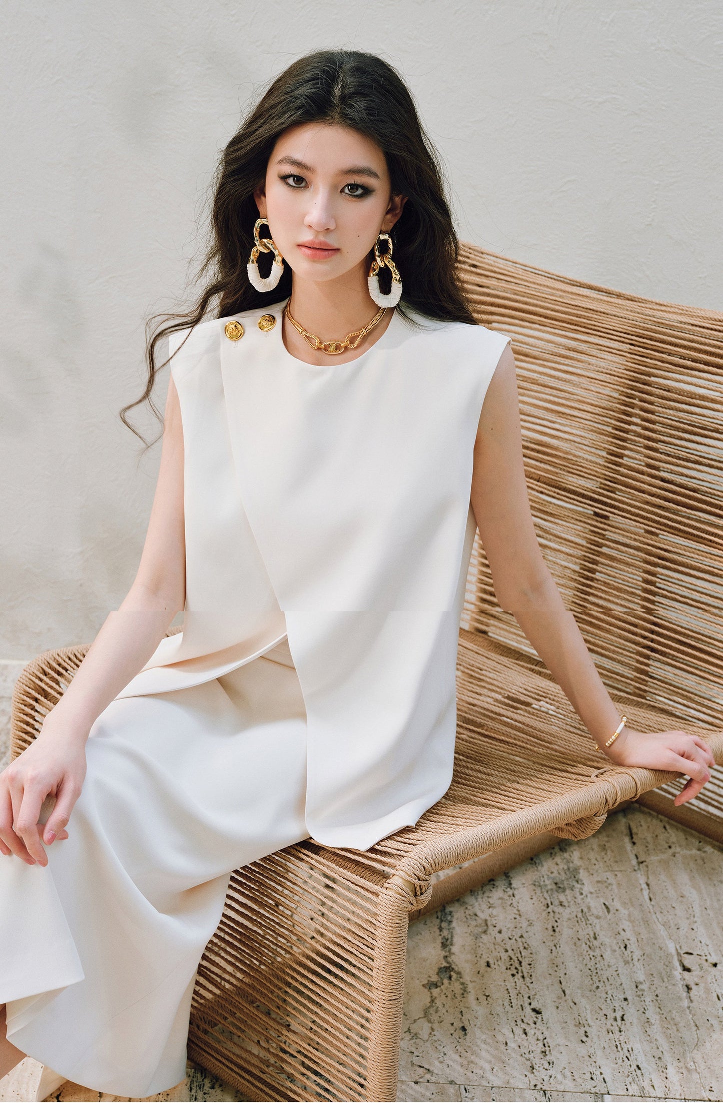 WANGXO | Imported Twisted Drape Fabric Elegant Commuter-Style Diagonal Placket with Loose Pleated Slit Vest & Skirt Suit Set -NALA