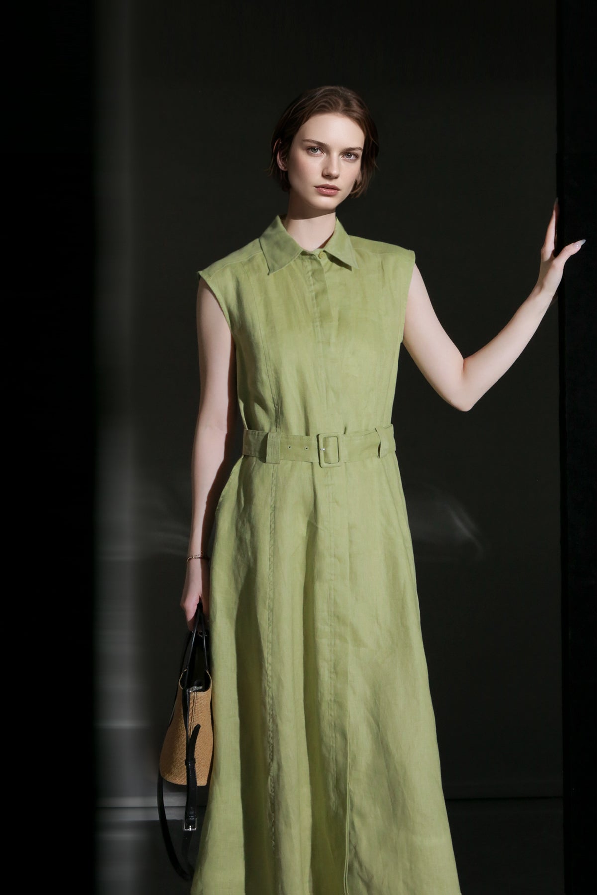 PIAOIN minimalist 100% linen sleeveless belted midi green pastel blue shirt dress -EVELYN.