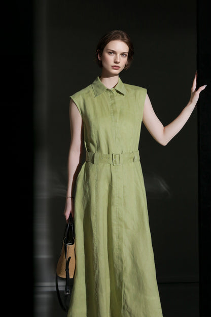 PIAOIN minimalist 100% linen sleeveless belted midi green pastel blue shirt dress -EVELYN.