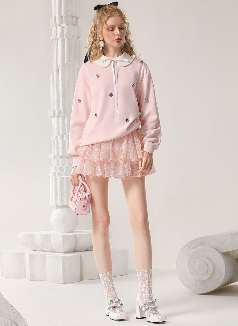 CHECOCRE Classy Sweet Collar Nail Drill Loose Casual Sweat Top - ROMAN