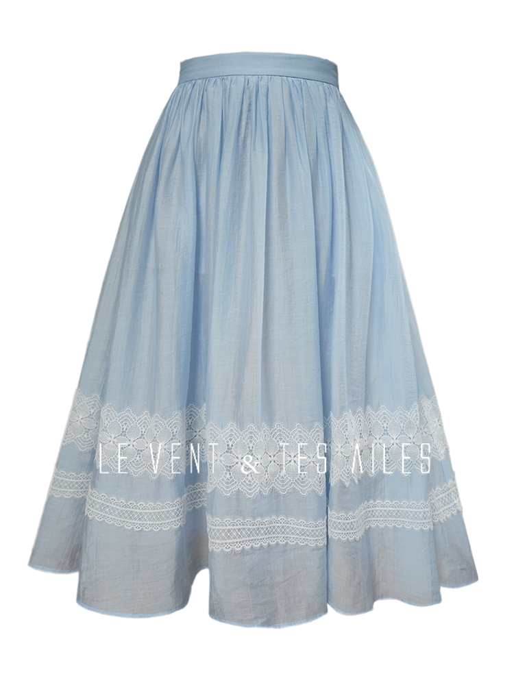 LE VENT&TES AILES pastel blue elegant summer vacation  V-neck shirt skirt set -GWEN