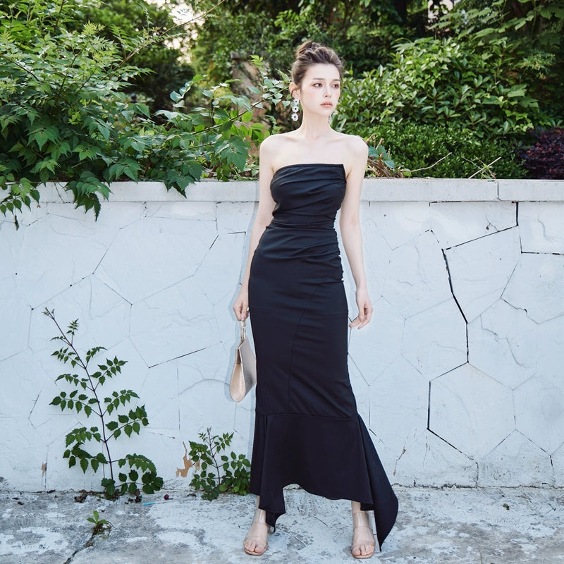 DOLLY Luxury Black Retro Chest Wrap Sleeveless Pleated Slim Fit Mermaid Dinner Dress-IVORY