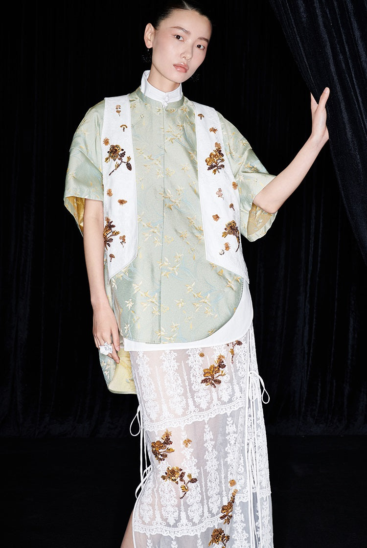 M essential Mackay designer Donchang jacquard low stand-up collar loose short-sleeved shirt - DIVA.