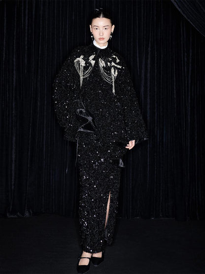 M essential Mackay designer three-dimensional silver orchid catenary beaded jacket - sill.