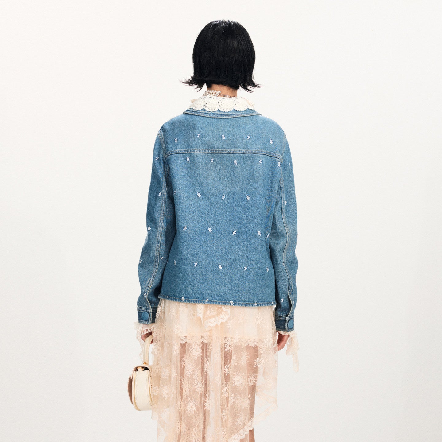 FAME Beaded Three-Dimensional Flower Embroidery Cargo Denim Jacket Top - BYRON.