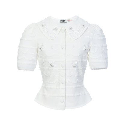 FAME doll collar cream piping beaded short-sleeved top - EVELYN