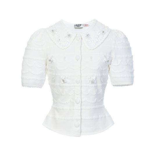 FAME doll collar cream piping beaded short-sleeved top - EVELYN