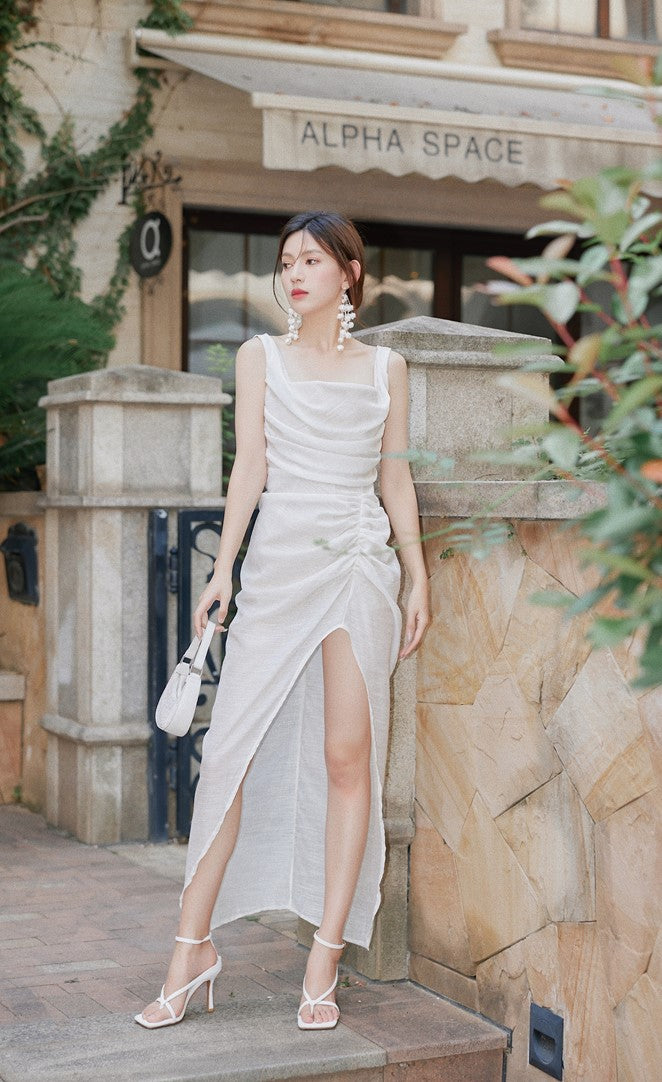 DOLLY High End White Retro Style Sleeveless Long Pleated Slit Cocktail Dress-SARAI