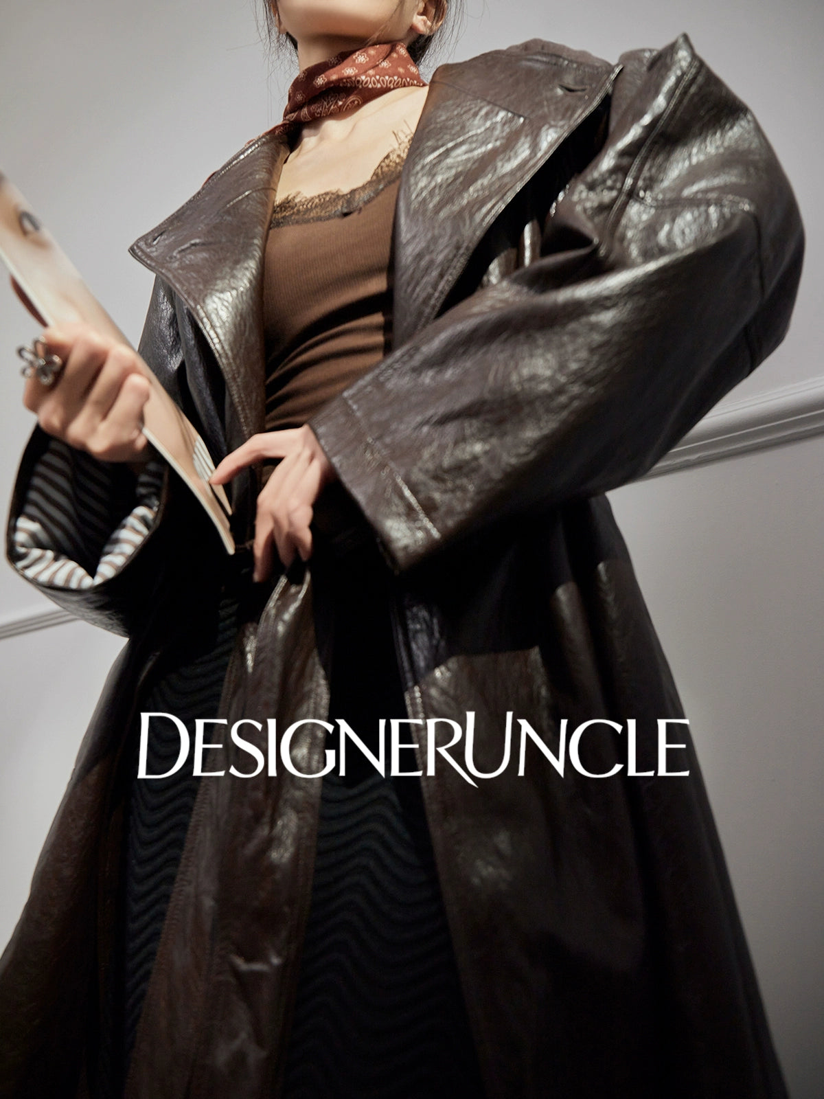 DGU "Obscure Shadow" Flower Coffee Haining Genuine Leather Retro Slimming Top - HEADS.