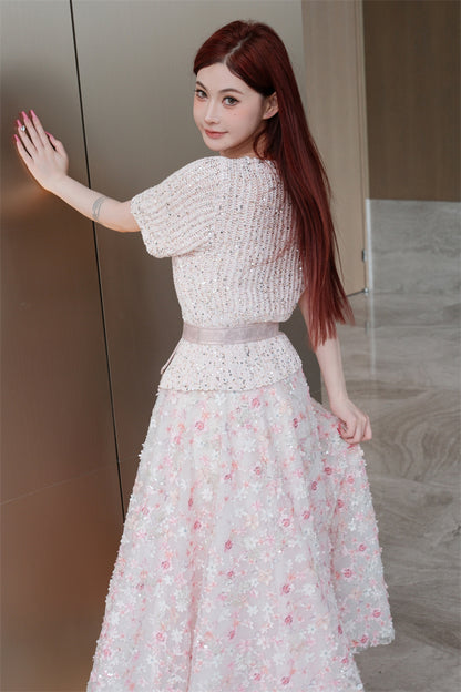 Wardrobes by Chen Elegant Pink Sequin Embroidered Long midi Skirt - Jiaa