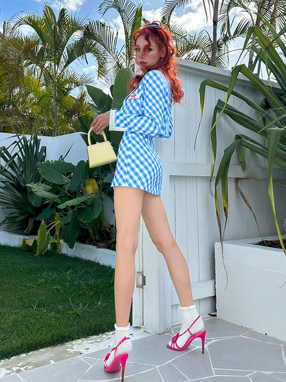 Le Palais  Blue Plaid Small Fragrance Thin Short Coat + Short Skirt- Yuno