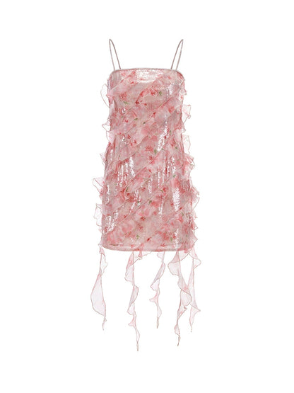 Wardrobes by Chen Luxury Crimson Sleeveless Flower Print Short Dress-Fuu