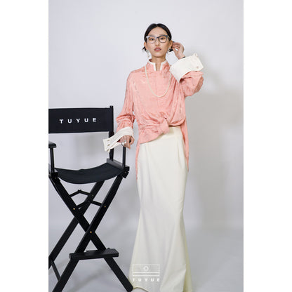 TUYUE Satin Weaving Flowers Relaxed Long-sleeved Shirt- JADE,