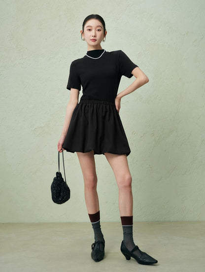 SUSHE three-dimensional flower bud elastic waist short skirt -PEARL