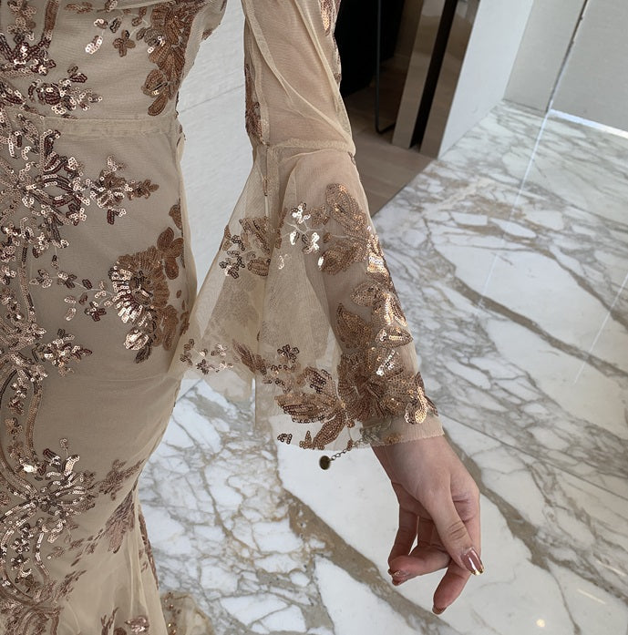 DOLLY Elegant V-Neck Long Sleeve Sequin Hip Flared Fish Tail Banquet Dress-MAY