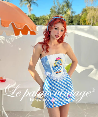 Le Palais  Blue Plaid Small Fragrance Thin Short Coat + Short Skirt- Yuno