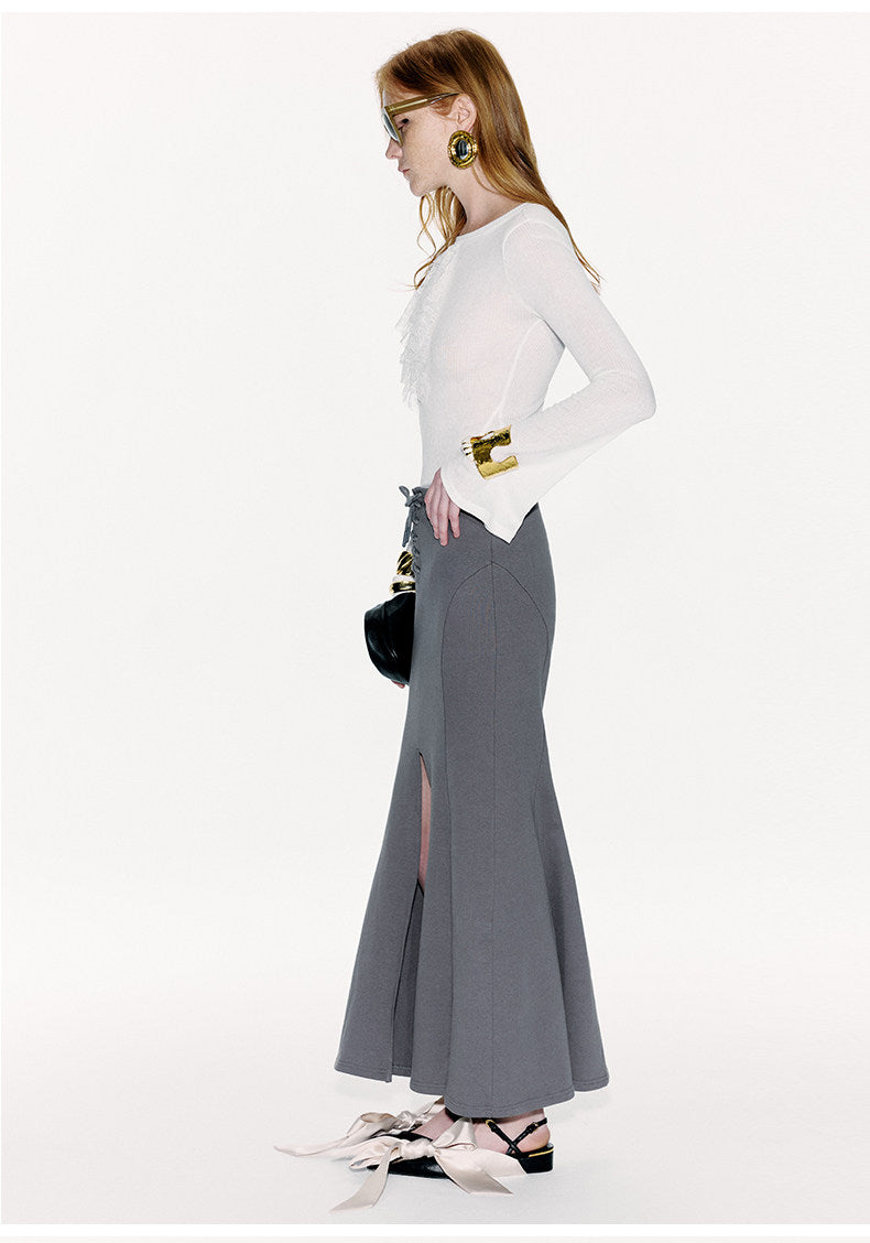 ATELIER MISS LU Cross Stray Design Front Slit Mermaid Maxi Skirt - AUTUM.