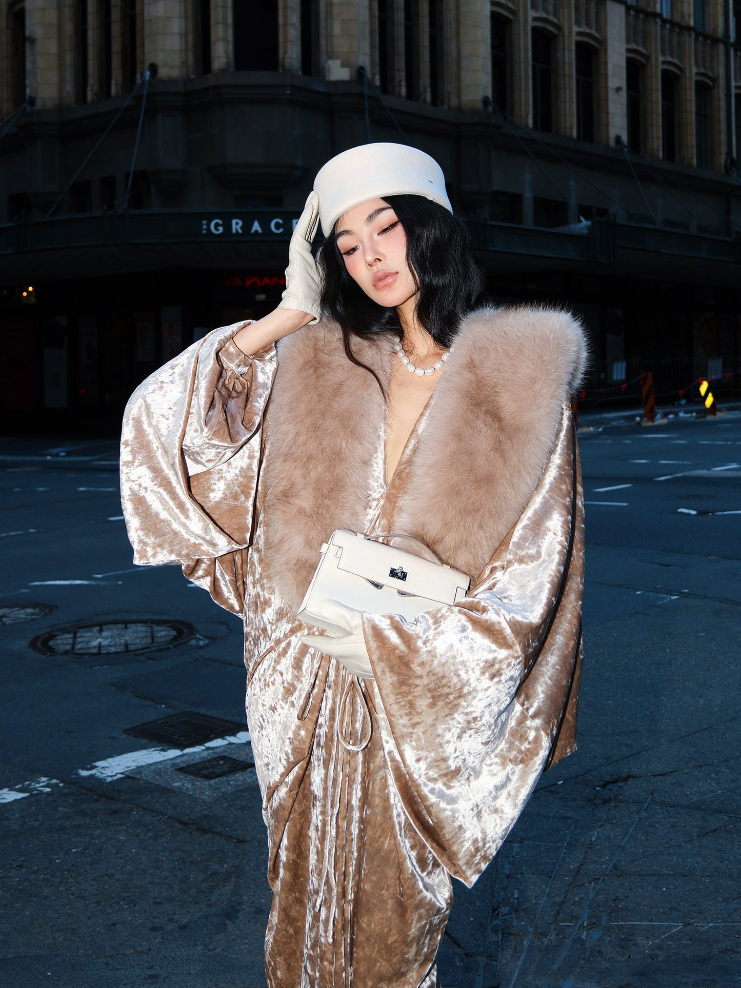 MEI SANGUAN Fur-Collar Jacket & V-Neck Dress- ISAIAH