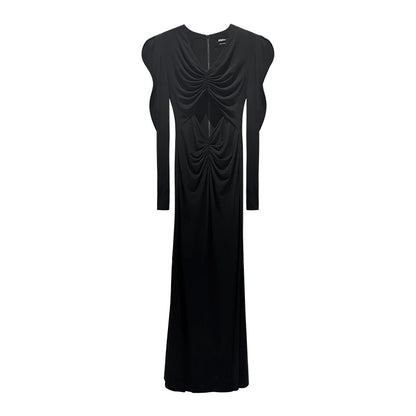 ANNAKIKI acetic acid wavy sleeve hollow V-neck dress-CHARMAINE