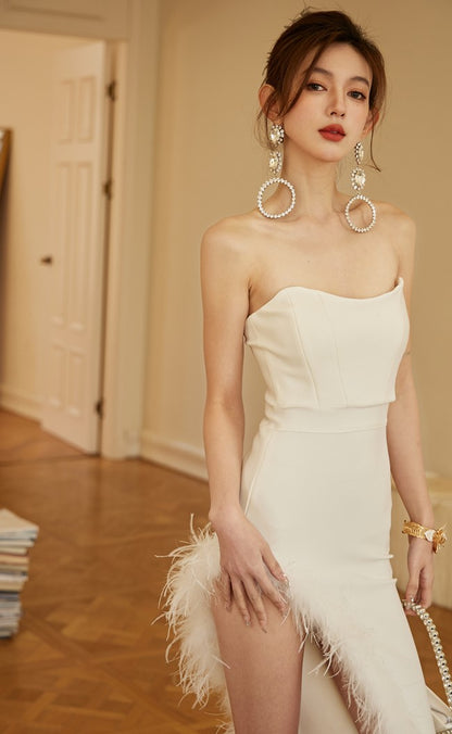 DOLLY Elegant Sleeveless Off Shoulder Tube Top High Slit Feather Dress-NIKKI