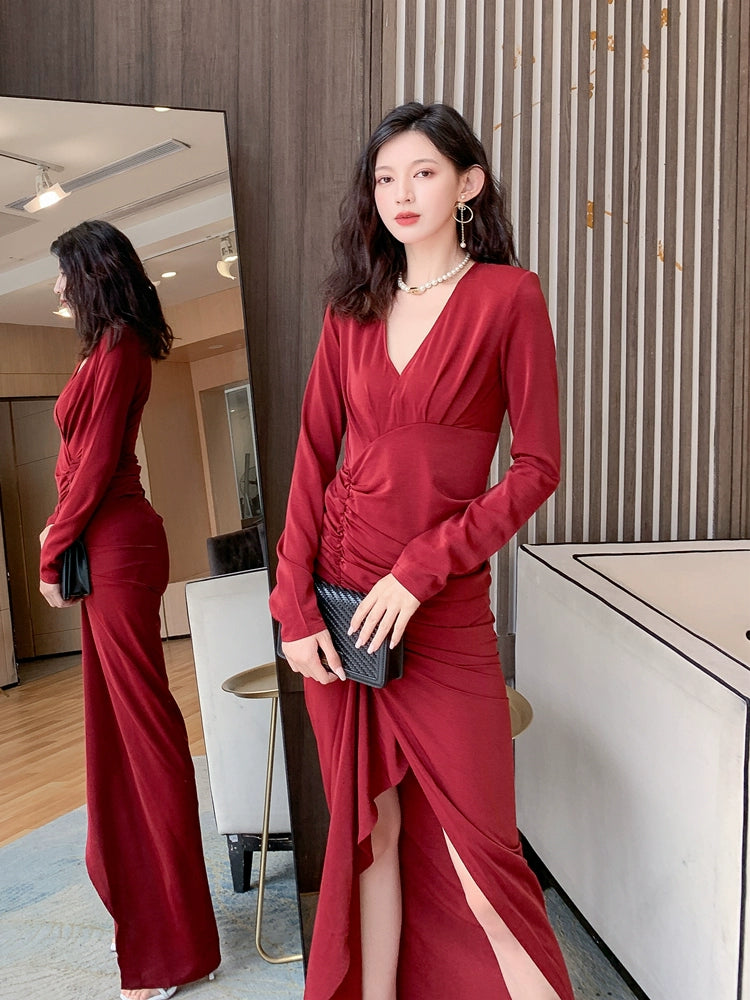 DOLLY Retro Style V-Neck Long Sleeve Pleated Waist Long Slit Dinner Dress-NEYO