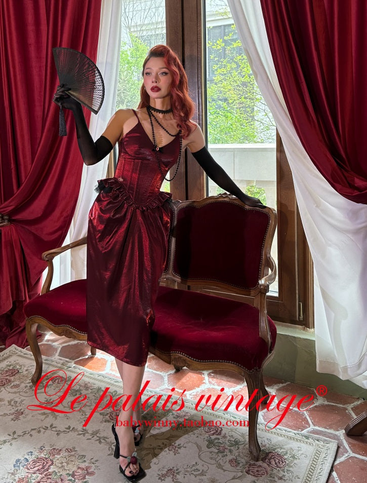 Le Palais Vintage  Red Fishbone Corset High Waisted Flower Bud Pencil Skirt-ALEC