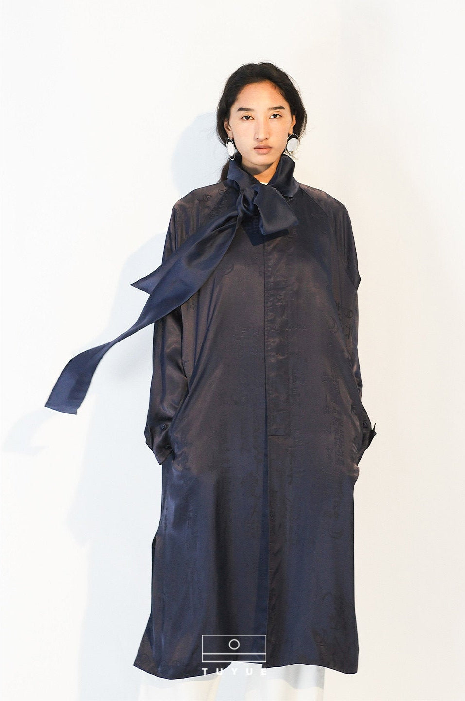 TUYUE Dark Blue Silk Streamer Satin Silhouette Long Trench Coat - BONNIE.