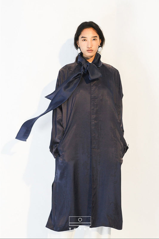 TUYUE Dark Blue Silk Streamer Satin Silhouette Long Trench Coat - BONNIE.