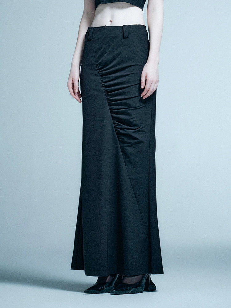 ANNAKIKI designer black asymmetrical pleated mid-rise mermaid skirt-LAUFEY