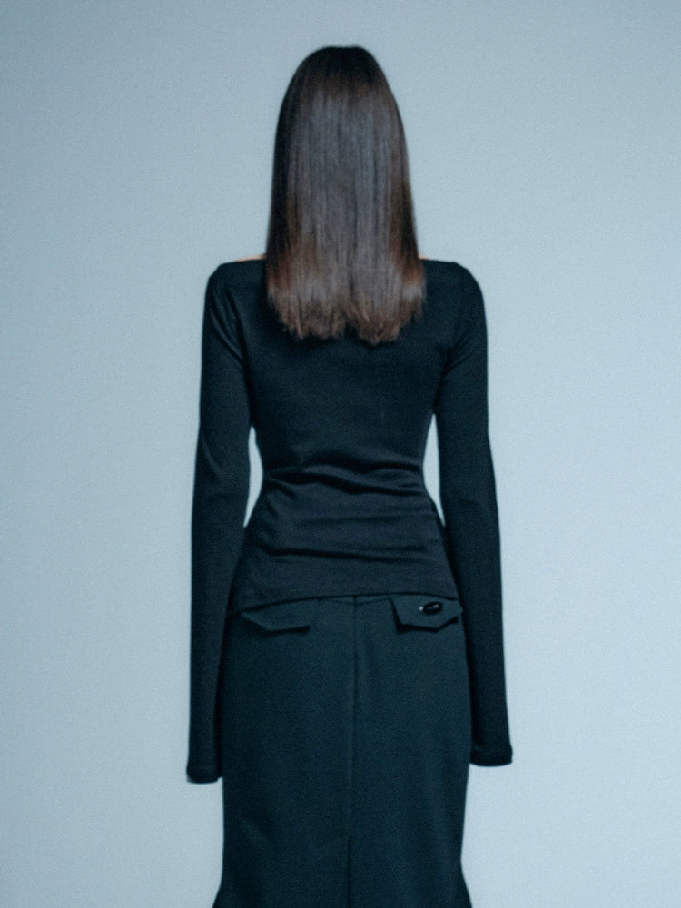 ANNAKIKI BLACK FOUR-POINTED STAR RUFFLED SLIM TOP-YUTO