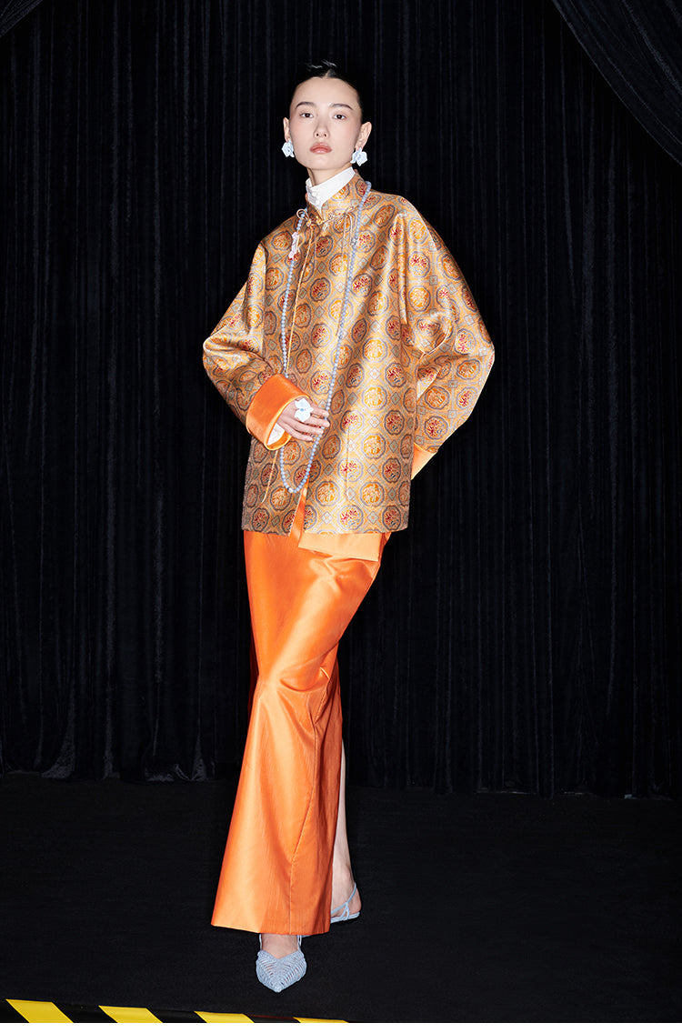 M essential Mackay designer halo stand-up collar jacket orange skirt suit  - Guaida.