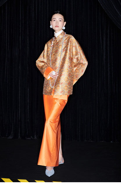 M essential Mackay designer halo stand-up collar jacket orange skirt suit  - Guaida.