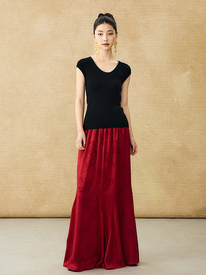 HECO Chinese style U-neck nail bead shoulder wrap small fly sleeve top - ROSE.