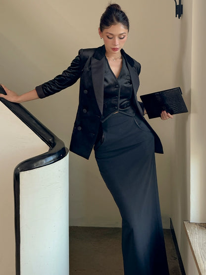 Le Palais Vintage Elegant Retro Black Velvet Stylish Three Piece Suit Set-LISI.