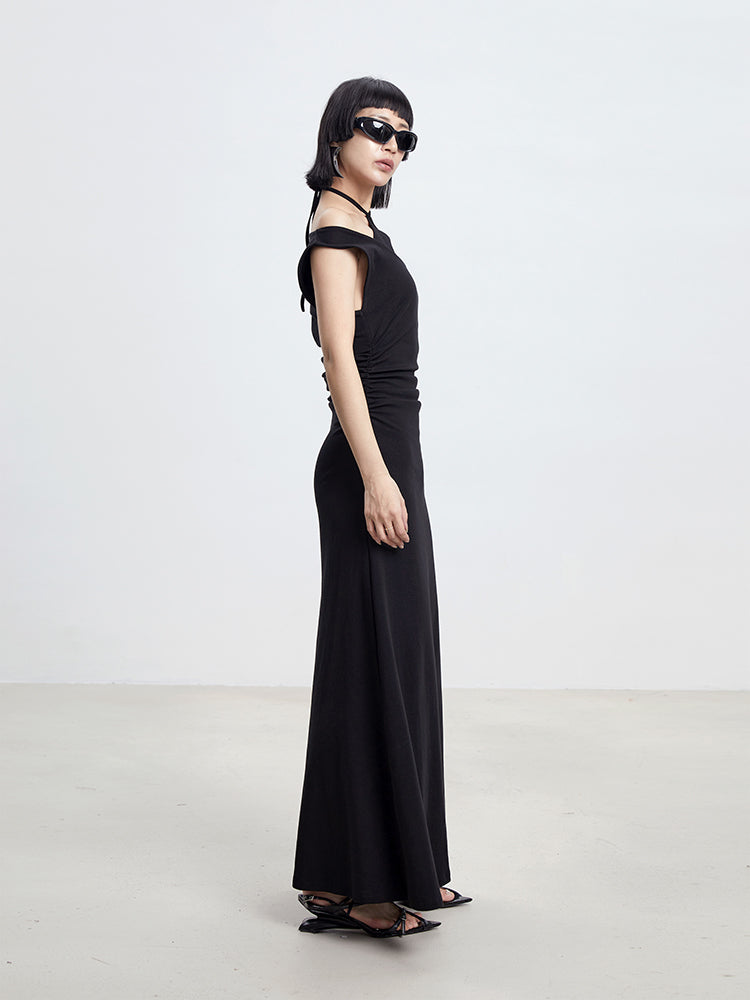 TINY IN cross-neck pleated knit maxi black dress-AYA