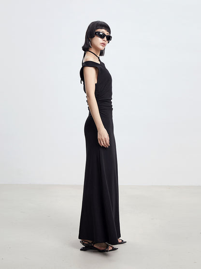 TINY IN cross-neck pleated knit maxi black dress-AYA