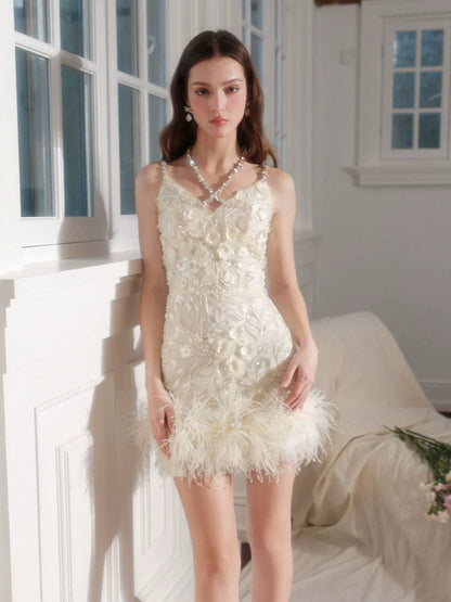 Wardrobes by Chen Luxury V-Neck Sleeveless Floral Feather Short bridal Dress-Shife