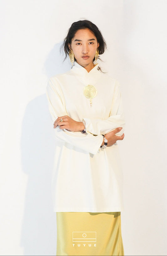 TUYUE White Hanjiao Collar Embroidery Mid-Length Cotton T-Shirt - CYNTHIA.