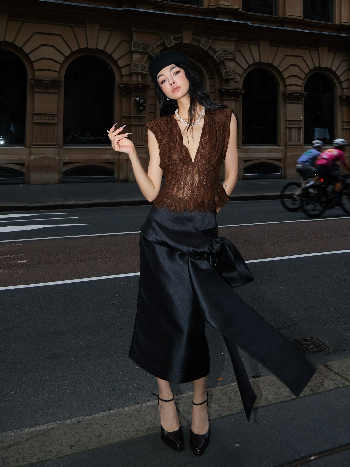 MEI SANGUAN Chocolate Padded-Shoulder Lace Camisole - ALEXANDER