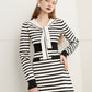 Fall Autumn Preppy Navy Neck monochrome striped knit dress - Keial