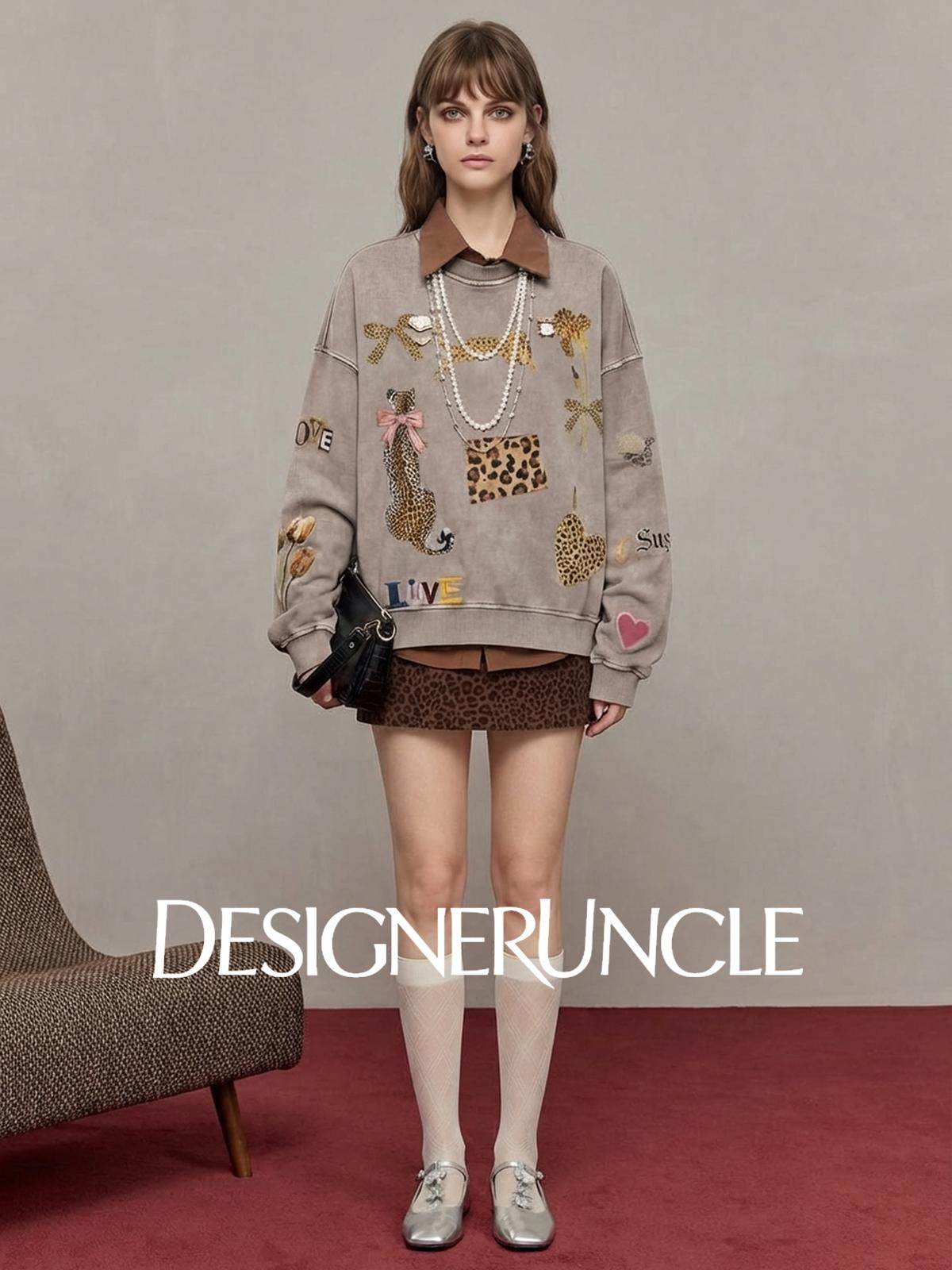 DGU×LAB "Twilight" gray sweatshirt new leopard print casual top - FAITH