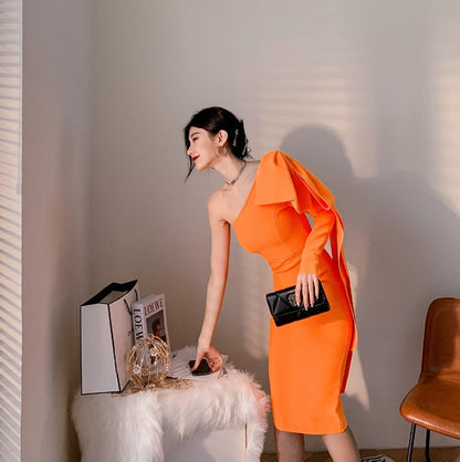 DOLLY Elegant Slant Collar Long Sleeve Bow Drape Body Hug Dinner Dress-CALA